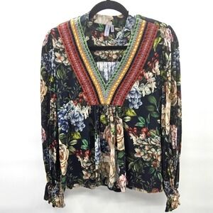 Blank London Dark Floral Crochet V-Neck Blouse‎ Long Sleeve Boho Top XS Small
